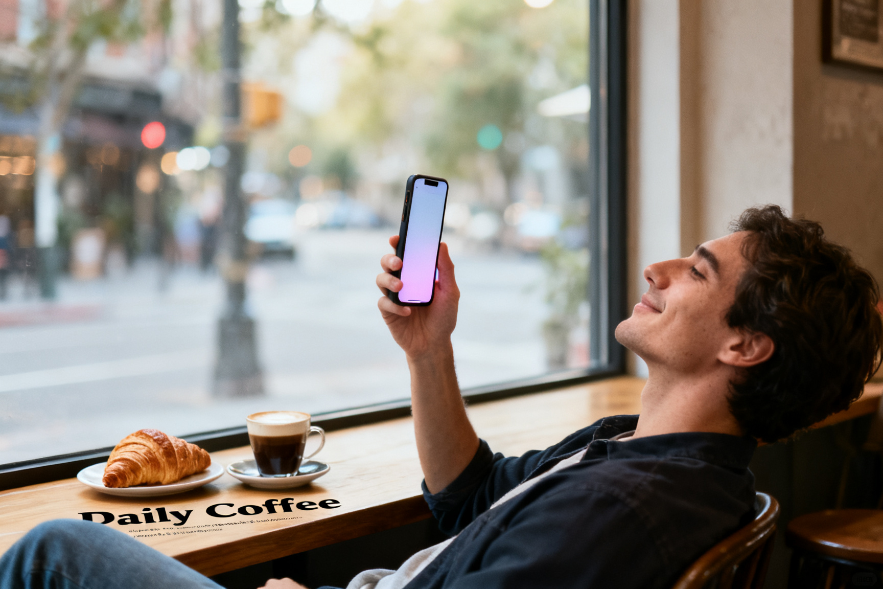 A person relaxing in a cafe with coffee, leaning back with calm relief after getting their subscriptions under control