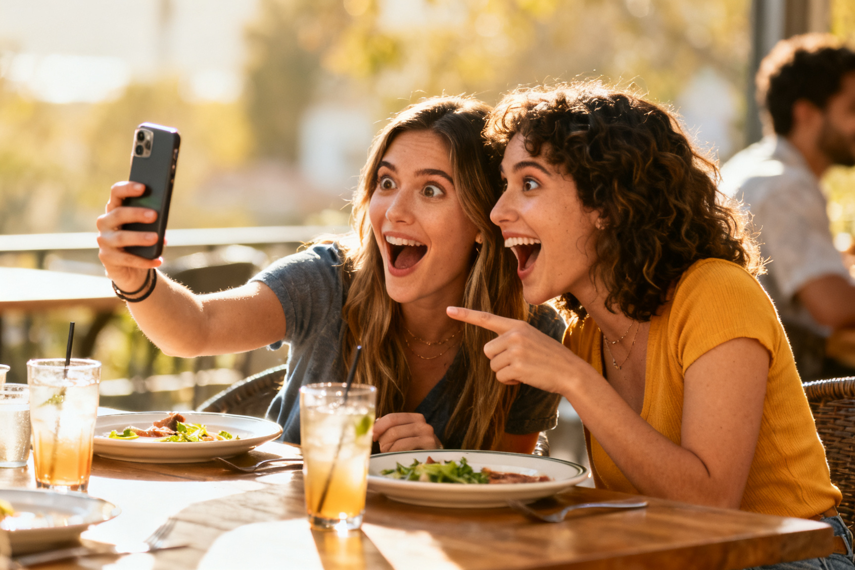 Two friends at lunch reacting with wide-eyed surprise at a phone screen