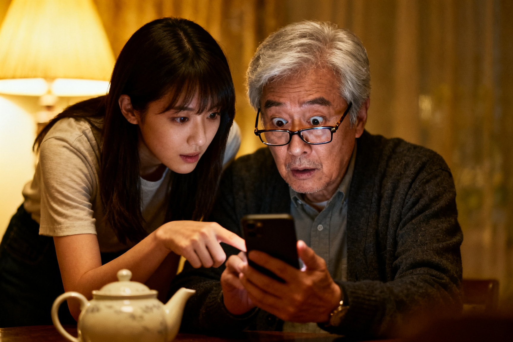 A daughter pointing at her father's phone, both surprised by the subscriptions they just found