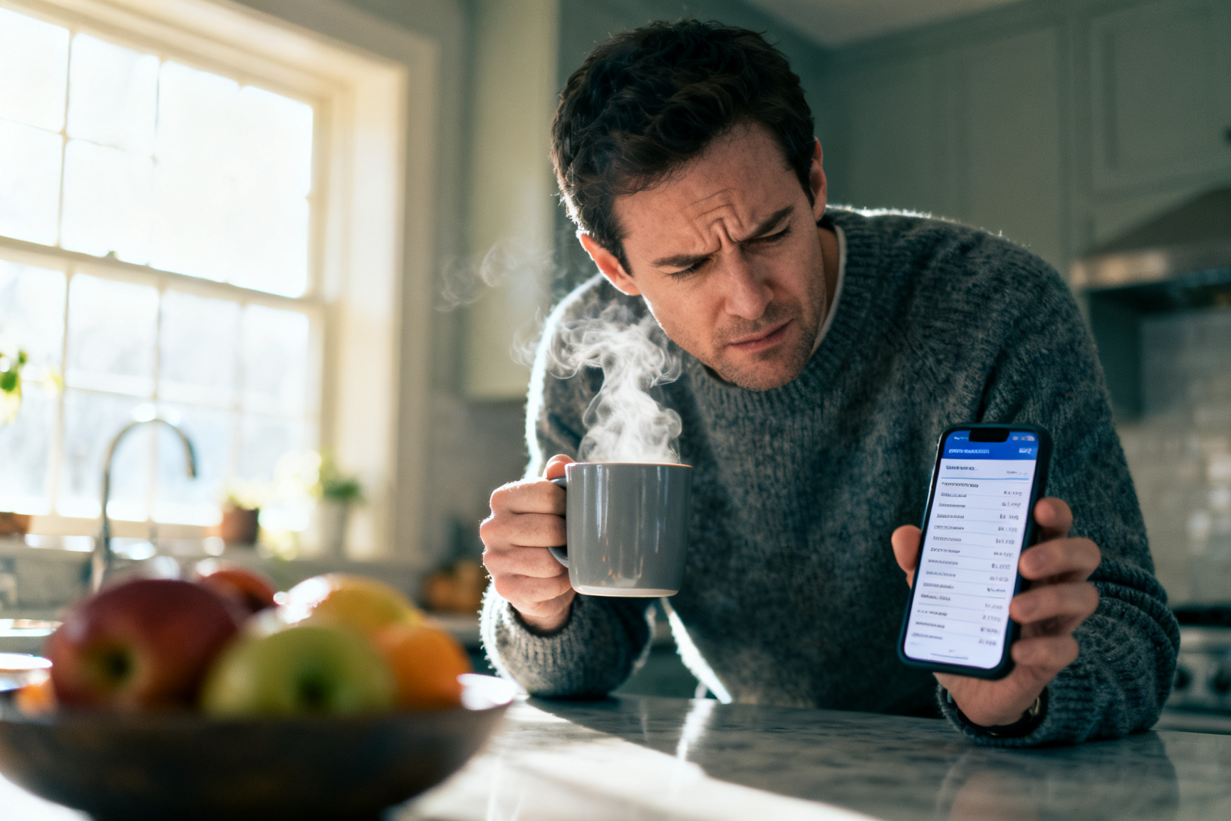 A man at his kitchen counter in the morning, puzzling over a bank statement on his phone